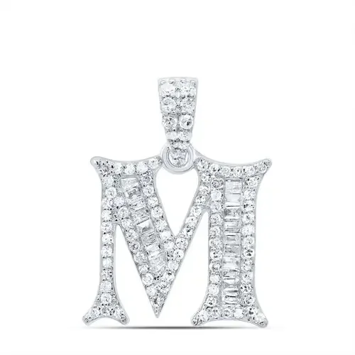 10K White Gold Baguette Diamond Old English Block Font Initial M Pendant 1/3 CT