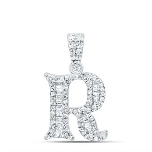 10K White Gold Baguette Diamond Old English Block Font Initial R Pendant 1/3 CT