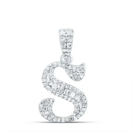 10K White Gold Baguette Diamond Old English Block Font Initial S Pendant 1/4 CT
