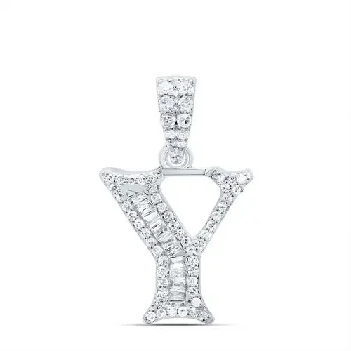 10K White Gold Baguette Diamond Old English Block Font Initial Y Pendant 1/4 CT