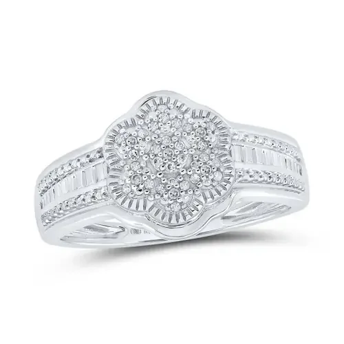 10K White Gold Baguette Diamond Women‘s Milgrain Cluster Flower Ring 1/12 CT