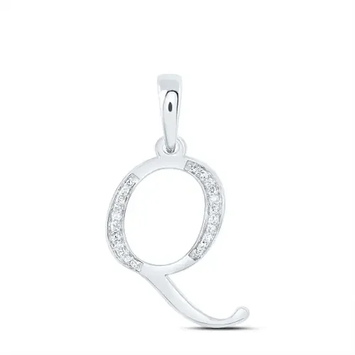 10K White Gold Baguette Diamond Women‘s Script Font Initial Q Pendant 1/10 CT