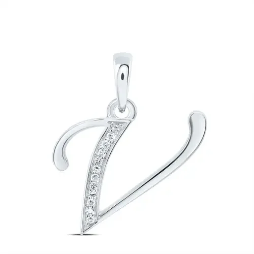 10K White Gold Baguette Diamond Women‘s Script Font Initial V Pendant 1/20 CT