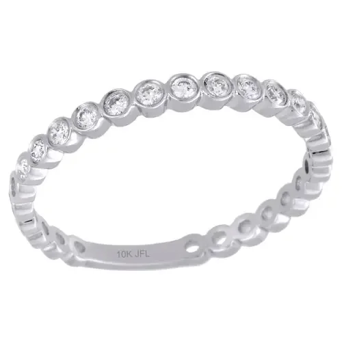 10K White Gold Bezel Set Round Diamond Circle Stackable Right Hand Ring 1/5 Ct.