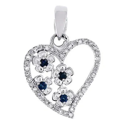 10K White Gold Blue Sapphire Round Diamond Love Heart Pendant 0.65″ Charm 1/8 CT