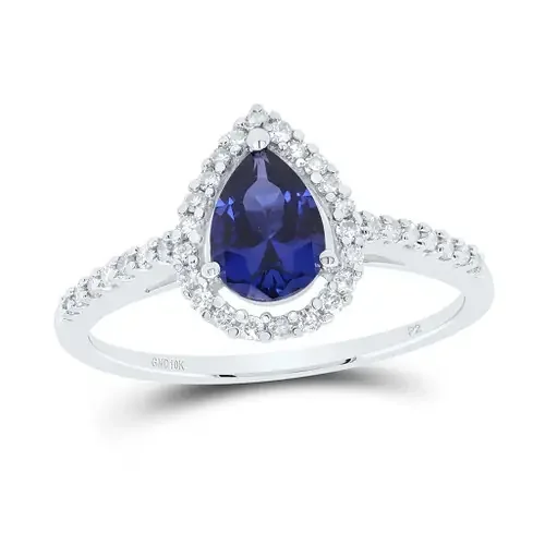 10K White Gold Diamond & Created Sapphire Pear Teardrop Engagement Ring 1 TCW