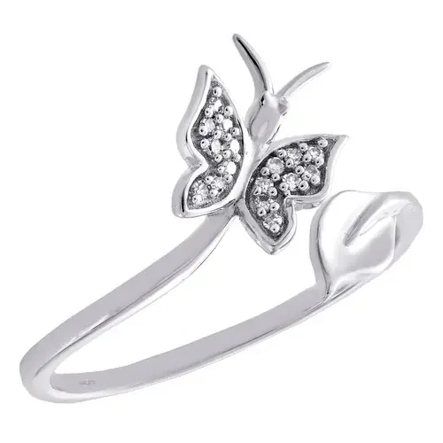 10K White Gold Diamond Butterfly + Leaf Bypass Women‘s Right Hand Ring 0.20 Ct.