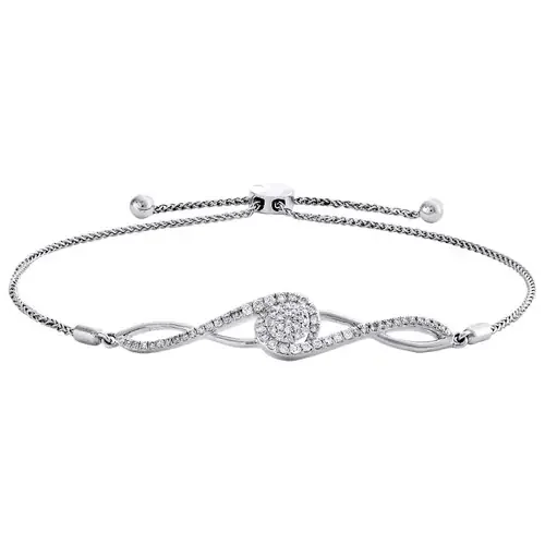 10K White Gold Diamond Cluster Infinity Link 9mm Adjustable Bolo Bracelet 1/2 CT