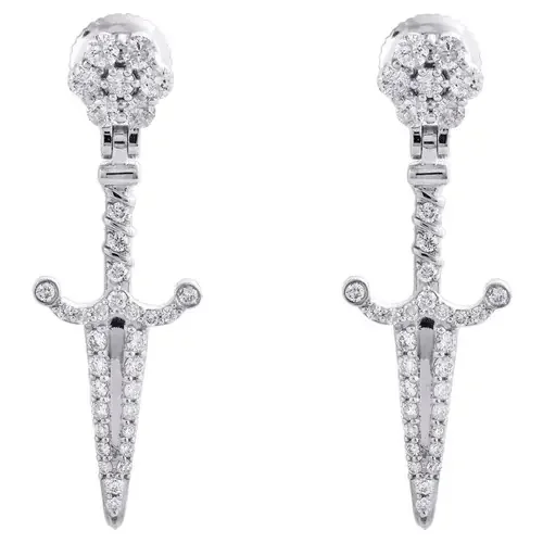 10K White Gold Diamond Dagger/Knife Dangle Drop Earrings Flower Studs 0.85 CT.