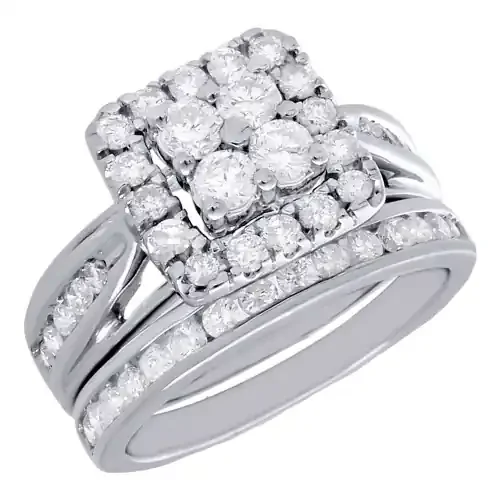 10K White Gold Diamond Square Halo Quad Engagement Ring Bridal Set 1.50 Ct.