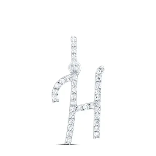 10K White Gold Diamond Women Fancy Script Font Initial H Letter Pendant 1/6 CT
