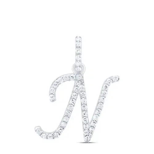 10K White Gold Diamond Women Fancy Script Font Initial N Letter Pendant 1/5 CT