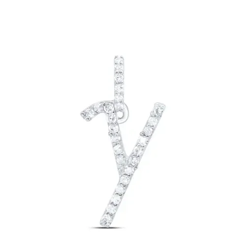 10K White Gold Diamond Women Fancy Script Font Initial Y Letter Pendant 1/10 CT