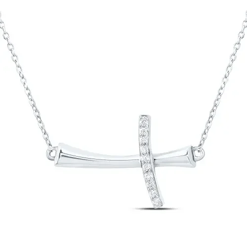 10K White Gold Diamond Women‘s Fancy Curved Sideways Cross 18″ Necklace 1/20 CT
