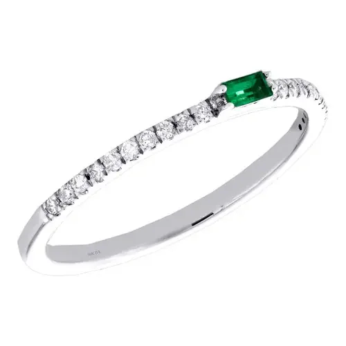 10K White Gold Emerald & Diamond Stackable Ring 1 Row Anniversary Band 0.17 Ct.