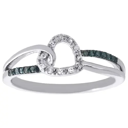 10K White Gold Genuine Blue Diamond Heart Shape Split Shank Promise Ring 1/10 CT