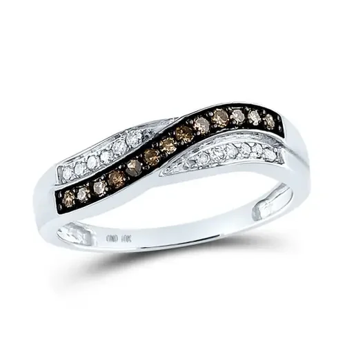 10K White Gold Genuine Brown Diamond Women‘s Crossover 2 Row Band Ring 1/4 CT