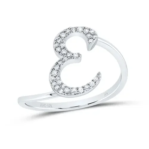10k White Gold Genuine Diamond Cursive Font Letter E Initial Bypass Ring 1/8 CT
