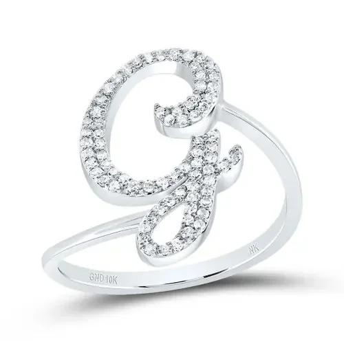 10k White Gold Genuine Diamond Cursive Font Letter G Initial Bypass Ring 1/4 CT