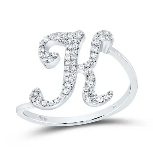 10k White Gold Genuine Diamond Cursive Font Letter K Initial Bypass Ring 1/5 CT