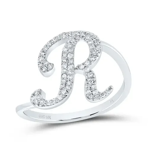 10k White Gold Genuine Diamond Cursive Font Letter R Initial Bypass Ring 1/5 CT
