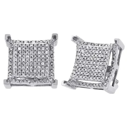10K White Gold Genuine Diamond Stud 11.5mm Square 4 Prong Pave Earrings 0.33 Ct.