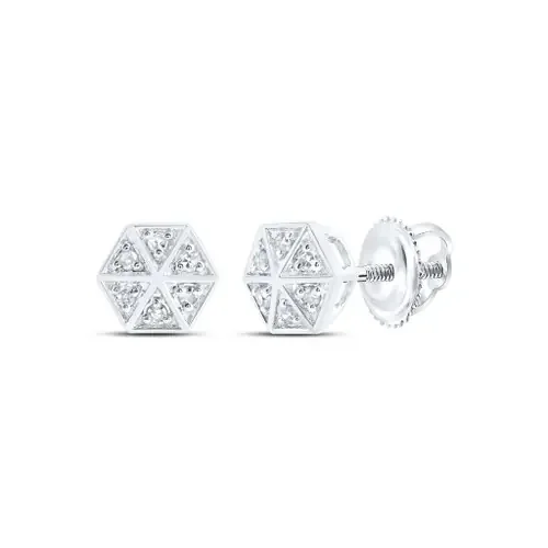 10K White Gold Genuine Diamond Unisex 8mm Pointed Hexagon Stud Earrings 1/10 CT