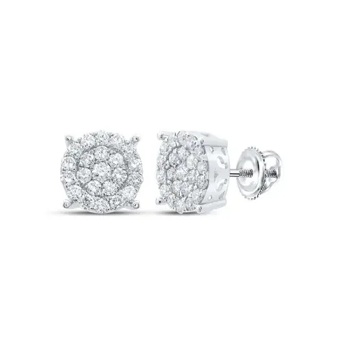 10K White Gold Genuine Diamond Unisex 9.5mm Cluster Round Stud Earrings 1 CT