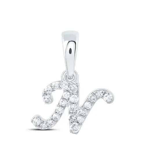 10K White Gold Genuine Diamond Women‘s Block Font Initial N Mini Pendant 1/12 CT