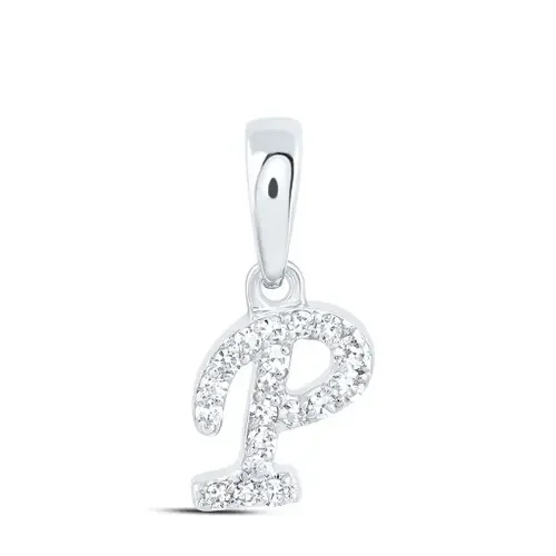 10K White Gold Genuine Diamond Women‘s Block Font Initial P Mini Pendant 1/20 CT
