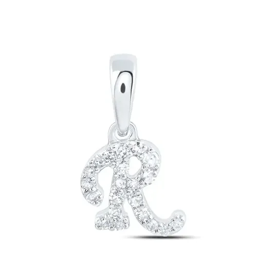 10K White Gold Genuine Diamond Women‘s Block Font Initial R Mini Pendant 1/12 CT