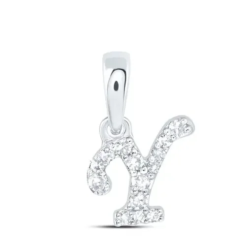 10K White Gold Genuine Diamond Women‘s Block Font Initial Y Mini Pendant 1/20 CT