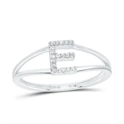 10k White Gold Genuine Diamond Women‘s Block Letter E Initial Split Ring 1/20 CT