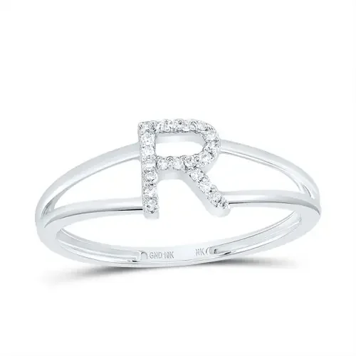 10k White Gold Genuine Diamond Women‘s Block Letter R Initial Split Ring 1/20 CT