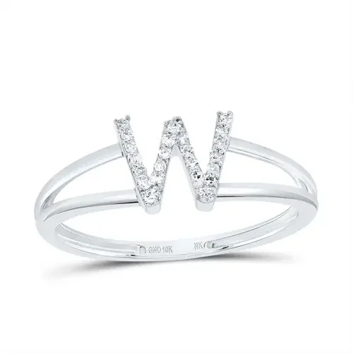 10k White Gold Genuine Diamond Women‘s Block Letter W Initial Split Ring 1/12 CT