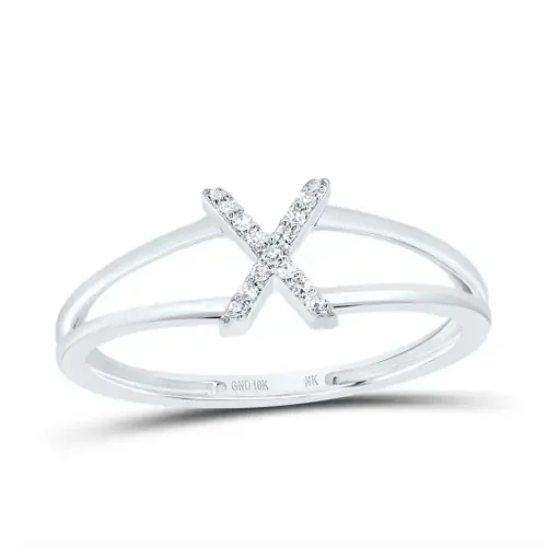 10k White Gold Genuine Diamond Women‘s Block Letter X Initial Split Ring 1/20 CT