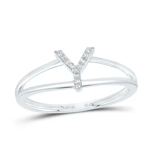 10k White Gold Genuine Diamond Women‘s Block Letter Y Initial Split Ring 1/20 CT