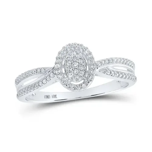 10K White Gold Genuine Diamond Women‘s Bypass & Oval Halo Cocktail Ring 1/10 CT