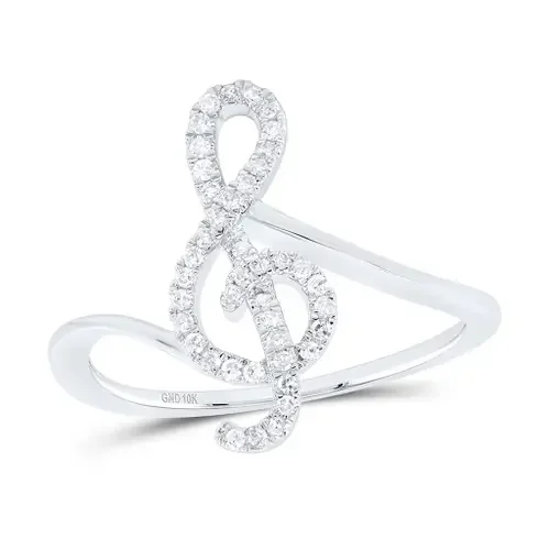 10K White Gold Genuine Diamond Women‘s Bypass Treble Clef Music Note Ring 1/6 CT