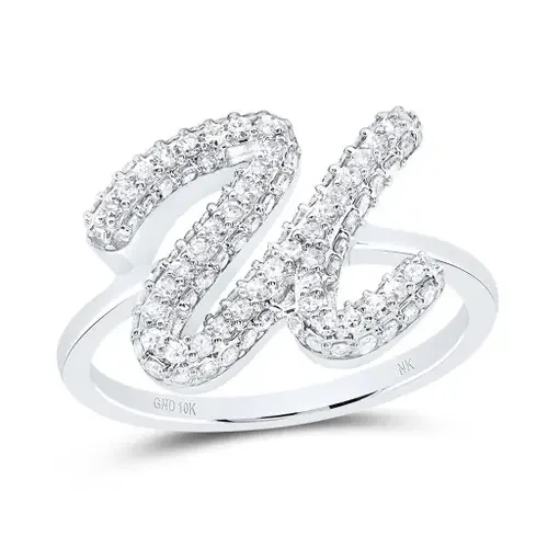 10k White Gold Genuine Diamond Women‘s Cursive Letter U Initial Band Ring 1/2 CT