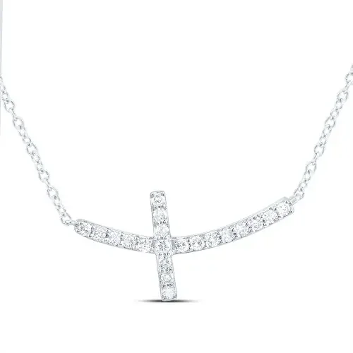 10K White Gold Genuine Diamond Women‘s Curved Sideways Cross 18″ Necklace 1/6 CT