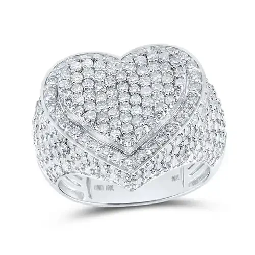 10K White Gold Genuine Diamond Women‘s Domed Cluster Heart Cocktail Ring 3 CT