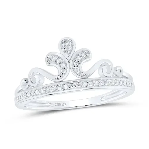 10K White Gold Genuine Diamond Women‘s Filigree Crown Tiara Band Ring 1/10 CT