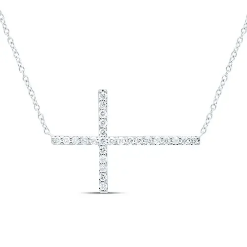 10K White Gold Genuine Diamond Women‘s Sideways Latin Cross 18″ Necklace 1/3 CT