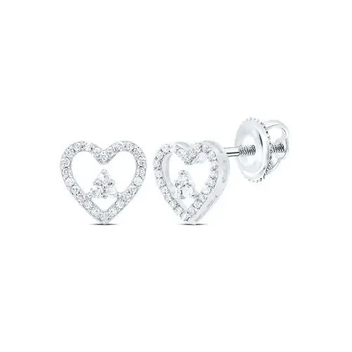 10K White Gold Genuine Diamond Womens 7mm Triangle in Heart Stud Earrings 1/5 CT