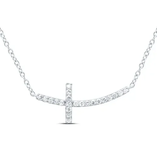 10K White Gold Genuine Diamond Womens Curved Sideways Cross 18″ Necklace 1/10 CT