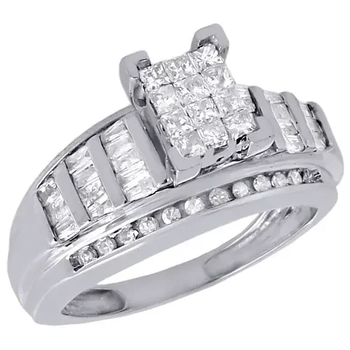 10K White Gold Ladies Princess Cut Diamond Wedding Engagement Ring Set 0.90 Ct.