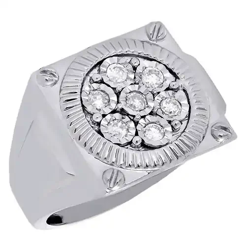 10K White Gold Mens Round Diamond Fluted Bezel Set Designer Pinky Ring 0.25 Ct.