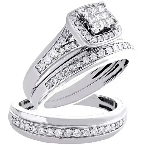 10K White Gold Princess Diamond Trio Set Split Bridal Ring + Wedding Band 3/4 Ct