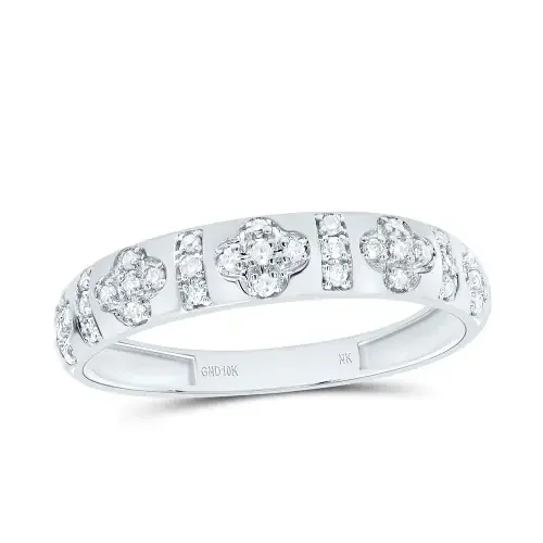 10K White Gold Real Diamond 4mm Bar 4 Leaf Clover Ring Anniversary Band 1/6 CT